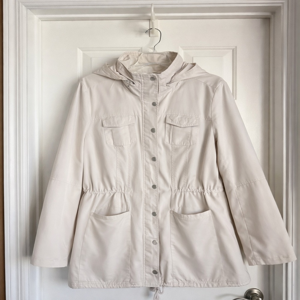 Ladies Tan Hooded Utility Jacket w drawstring Waist- Spring- Raincoat Size:XL
